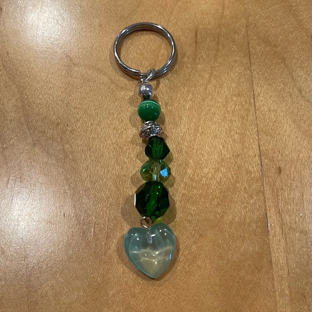 Green Beaded Keychain with Heart Charm